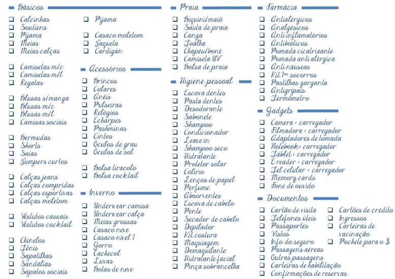 bagagem lista completa